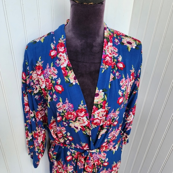 Women's Blue Pink Floral Rayon Cotton Mini Robe Kinomo One Size OS - Picture 2 of 12